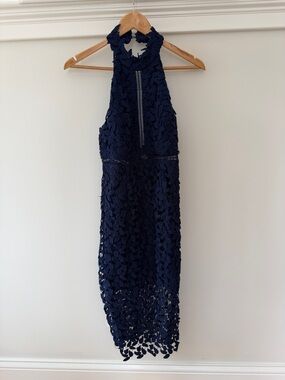 Bardot Navy Floral Crochet Halter Midi Dress
